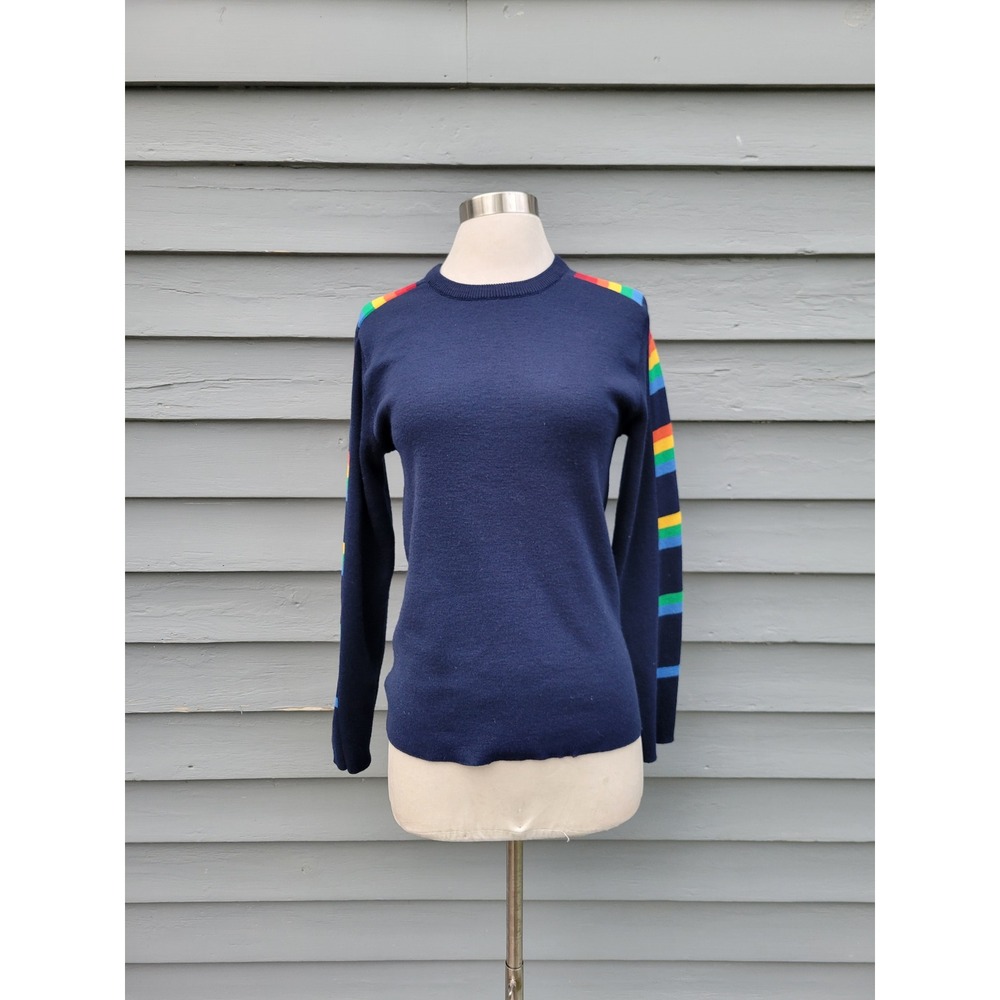 Meister Sweater Navy Blue Rainbow Stripe Wool Vintage Crew Neck Small